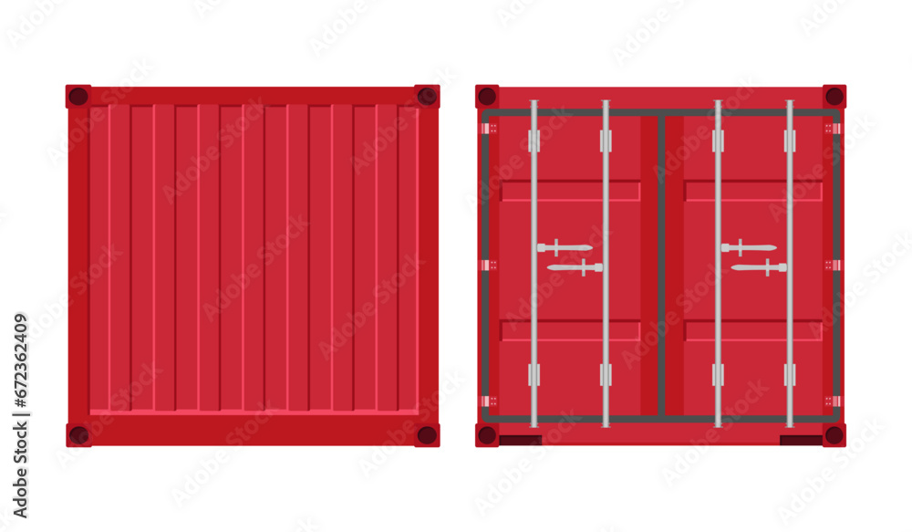Red cargo storage container door. Metal container for transportation. Export and import. Vector illustration in flat style. Isolated on white background.