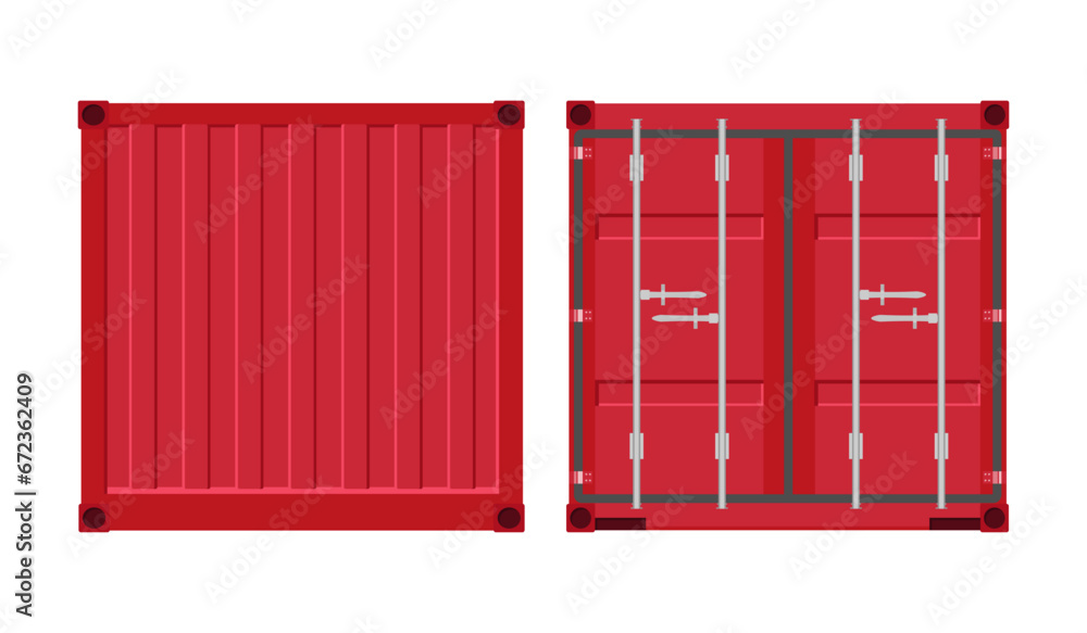 Red cargo storage container door. Metal container for transportation. Export and import. Vector illustration in flat style. Isolated on white background. Red cargo storage container door. Metal container for transportation. Export and import. Vector illustration in flat style. Isolated on white background.