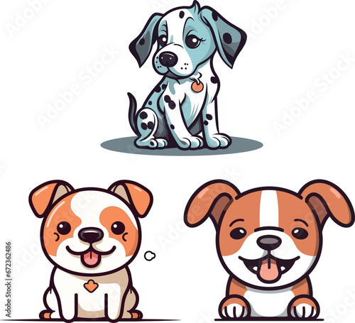 Digital illustration set of various adorable cartoon puppies on a white background