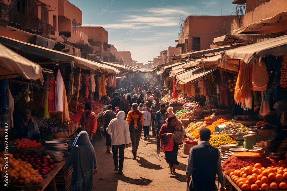 A bustling street market in Marrakech, Morocco.
