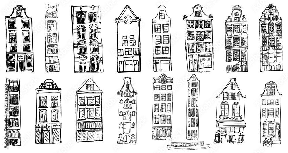 collection of houses Amsterdam ink drawing 