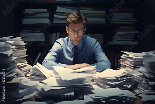 Overwhelmed Businessman Navigating Tasks Amidst Office Chaos. Burnout Concept.