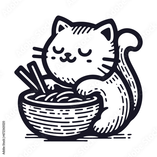 cute cat with a bowl of noodles sketch