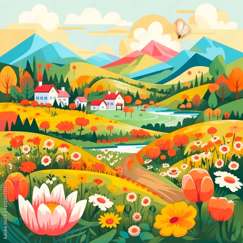 Naklejka premium Nature. Cute illustration of landscape, village, countryside, meadow, field of flowers and mountains for poster, Made with generative ai