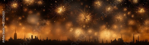 New year's eve Golden fireworsk over a city silhouette background. New Year celebration, Abstract holiday background