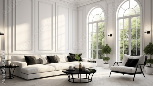 White living room with black furniture and window 8k,