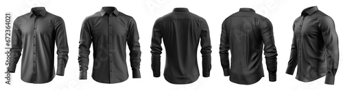 Set of black button up long sleeve collar shirt front, back and side view on transparent background cutout, PNG file. Mockup template for artwork graphic design photo