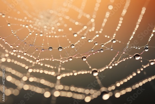 Dew-kissed spider web glistening at sunrise, nature's intricate patterns and delicate beauty