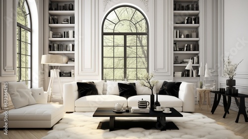 White living room with black furniture and window 8k, © Creative artist1