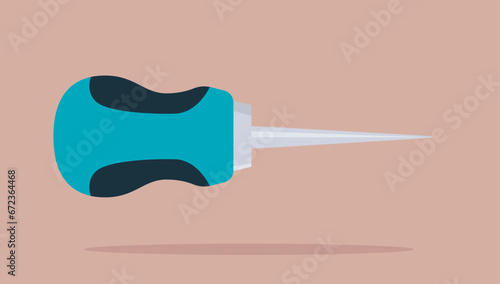 Awl tool vector illustration - One simple scratch awl in side view flat design, with turquoise colour on beige background
