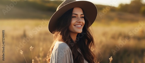 A joyful youthful woman with lengthy brunette locks wearing fashionable attire and a hat grinning while positioned outdoors during daytime