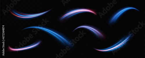 Neon red and blue speed lines. Speed ​​of acceleration and movement. Light trails, motion blur effect. Night illumination in blue and red.