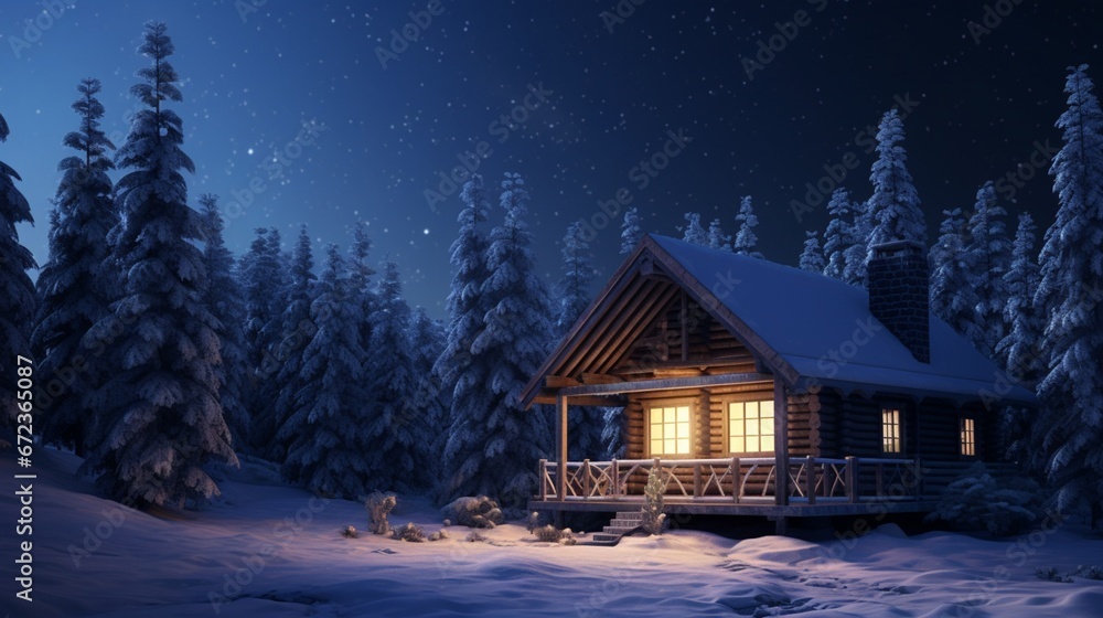 Wooden cottage at night in forest in winter. White snow around wooden house at night. Light goes through window and lies on snow 8k,