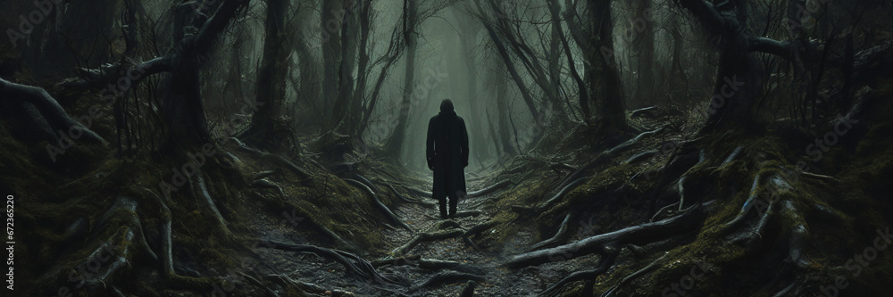 a lone figure walking in a mysterious forest a lone figure walking in a mysterious forest