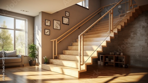 wooden modern stairs and railing 8k,
