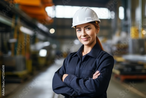 Female worker of modern industrial plant or factory in workwear and protective helmet standing in large workshop