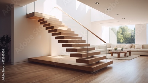 Wood staircase inside contemporary white modern house. 8k,