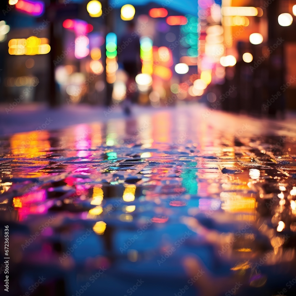A wet street reflects festive winter lights in a city