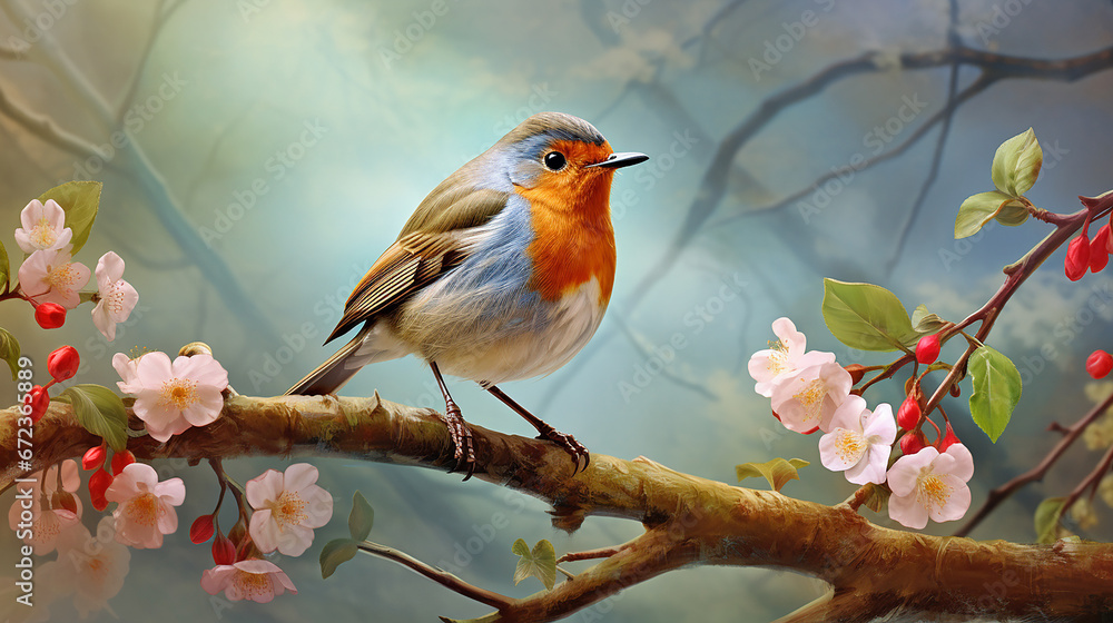 robin bird on branch with flovers robin bird on branch with flovers