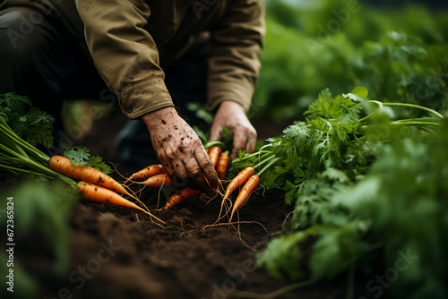 Agricultor recolectando zanahorias photo