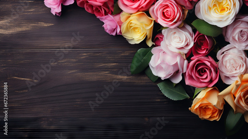  a bunch of different colored roses on a wooden background with space for text.  generative ai © Shanti