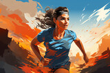 Woman sprinting in blue shirt