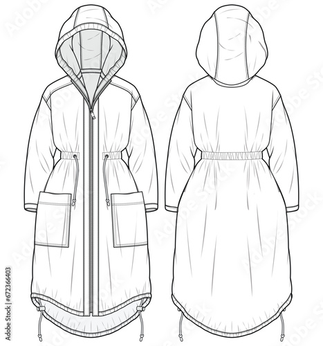 Anorak Hoodie jacket design flat sketch Illustration cad drawing, Women's overcoat Hooded jacket with front and back view, winter hoody jacket for Men and women. for hiker, outerwear in winter photo