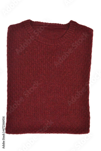 folded burgundy wool crewneck sweater with workmanship on a  white  background © Alisa