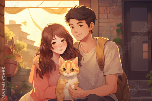 Young boy and girl sitting outside the house with cute red tabby cat.