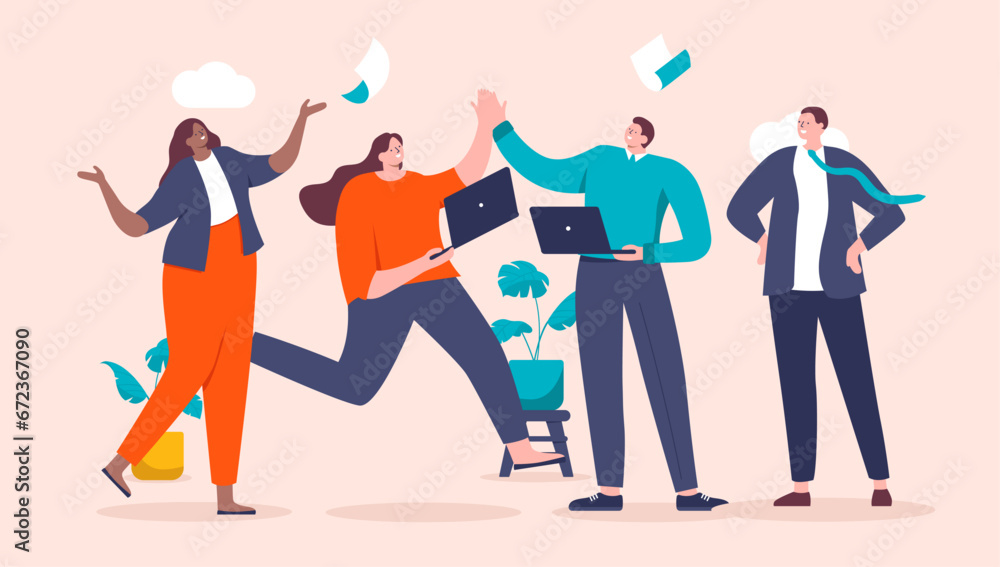 Happy people in office - Businesspeople celebrating, cheering and smiling while giving high fives. Teamwork success and celebration concept, flat design vector illustration - obrazy, fototapety, plakaty 