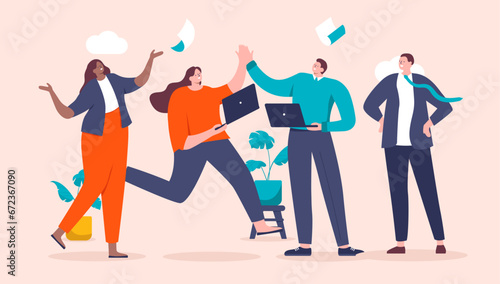 Happy people in office - Businesspeople celebrating  cheering and smiling while giving high fives. Teamwork success and celebration concept  flat design vector illustration