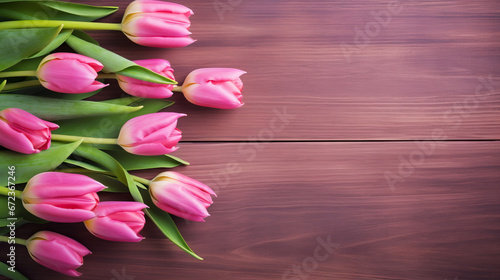  a bunch of pink tulips on a wooden table. generative ai
