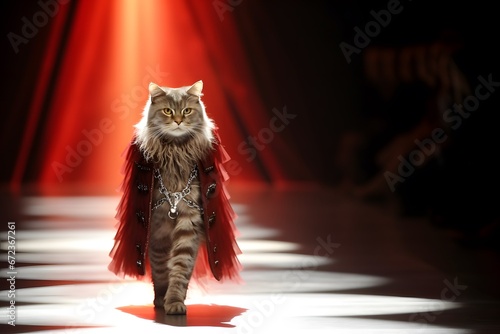 Cute cat wearing dress walk in fashion runway or catwalk on stage. 