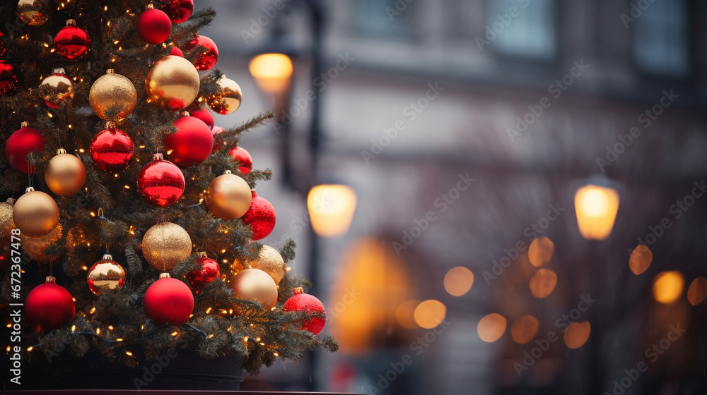 Close Up of Red and Gold Christmas Ornaments Baubles Hanging on a Christmas Tree Close Up of Red and Gold Christmas Ornaments Baubles Hanging on a Christmas Tree