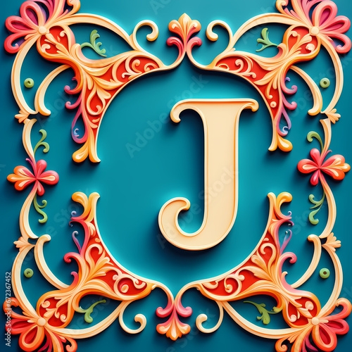 Gold letter J on floral vintage background. Generative AI