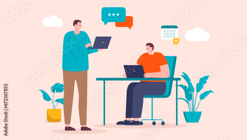 People talking in office - Two men with laptop computers having conversation and dialogue at work  sitting and standing at desk. Flat design vector illustration