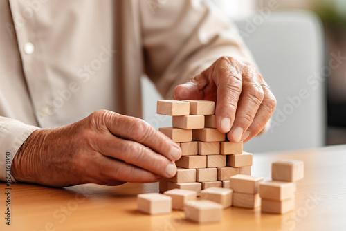 Faceless Senior man with dementia playing with wooden blocks in geriatric clinic or nursing home photo