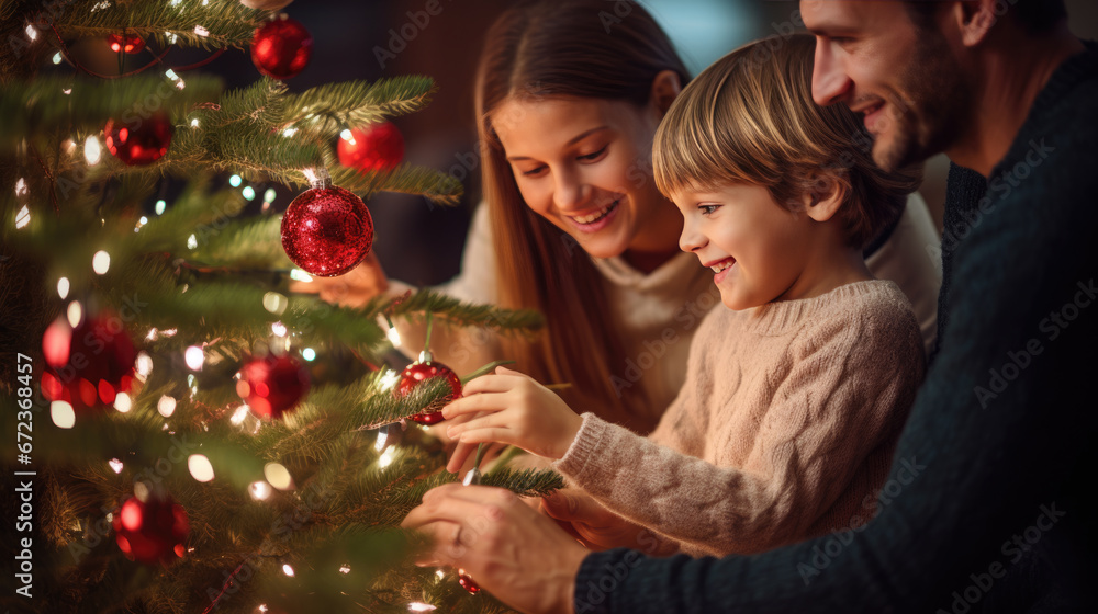 Happy family with their daughter decorating the tree for Christmas Happy family with their daughter decorating the tree for Christmas