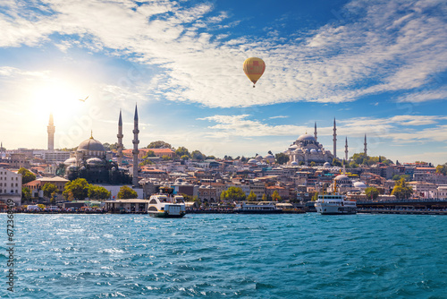 Ships in the Bosphorus by Suleymaniye and Rustem Pasha Mosques, Istanbul, Turkey