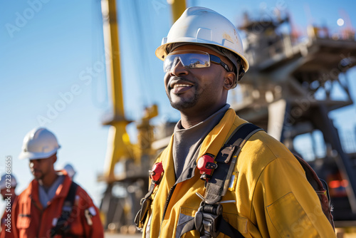 Attractive African American oil worker at work on a drilling rig