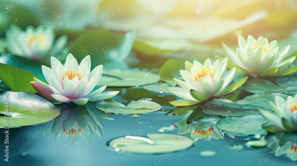  a group of water lilies floating on top of a lake.  generative ai
