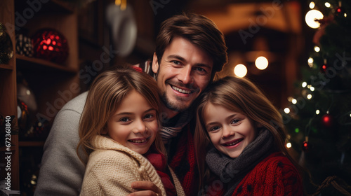 A joyful family share a warm embrace  laughing and smiling against a backdrop of a twinkling Christmas tree.