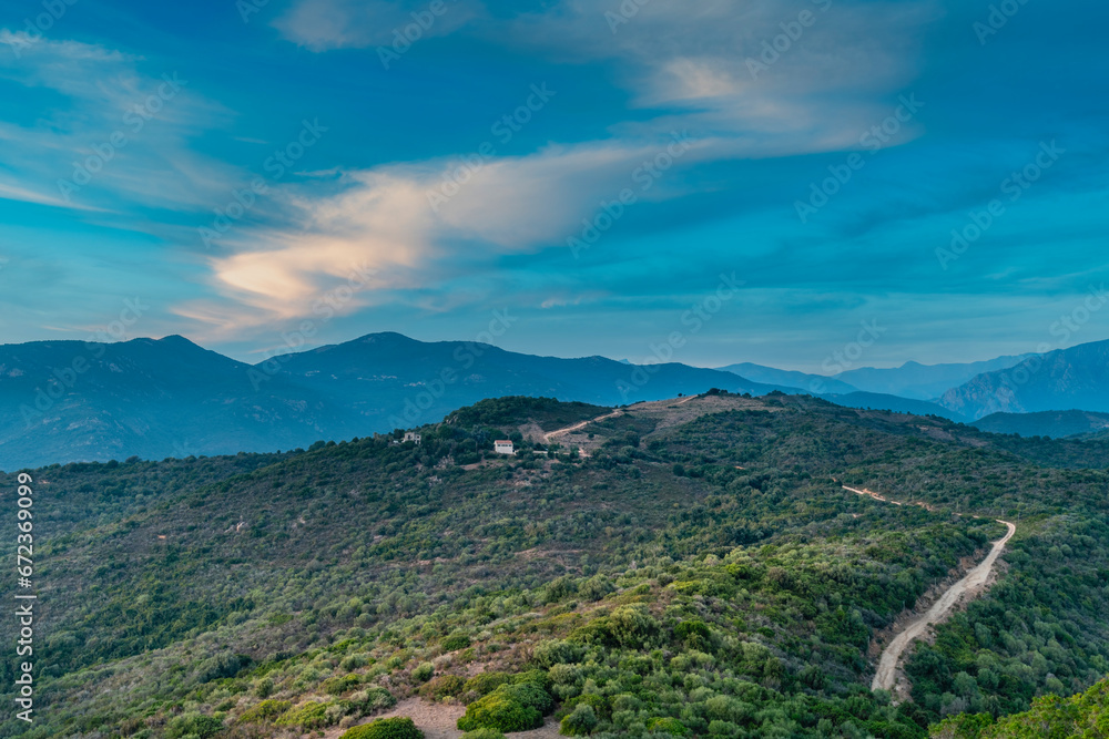 Sunset landscape with Plage du Sagnone, Corsica island, France