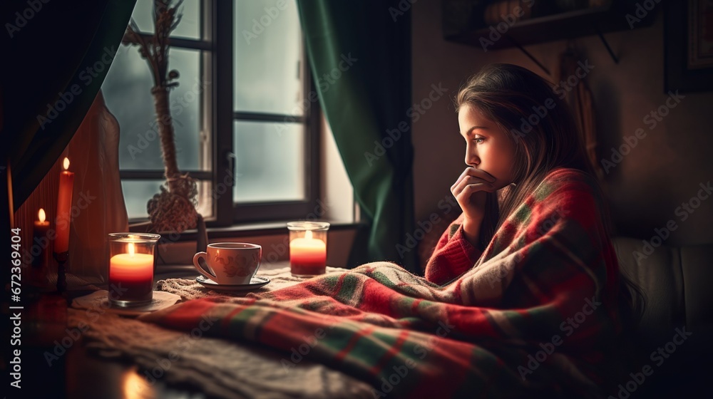 Woman in a cozy corner reading with candles and soft blankets 
