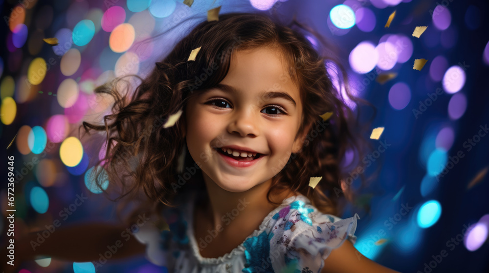 A joyful young girl with curly hair and a radiant smile is surrounded by floating golden confetti against a vibrant bokeh background. A joyful young girl with curly hair and a radiant smile is surrounded by floating golden confetti against a vibrant bokeh background.