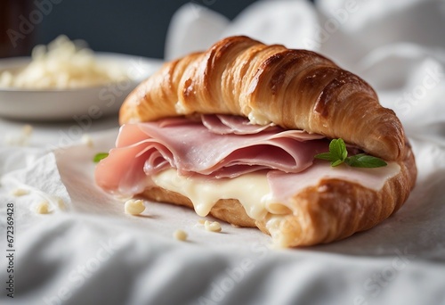 Croissant with ham and brie cheese on white parchment has been bitten once white