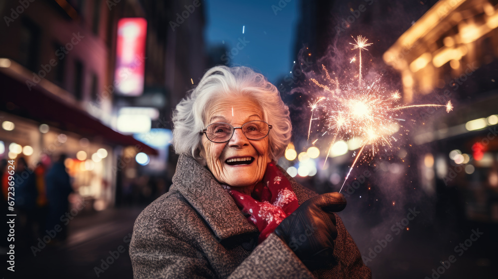 An elderly woman with silver hair and glasses beams with joy on a bustling city street, bathed in the warm glow of bokeh lights during the evening. An elderly woman with silver hair and glasses beams with joy on a bustling city street, bathed in the warm glow of bokeh lights during the evening.