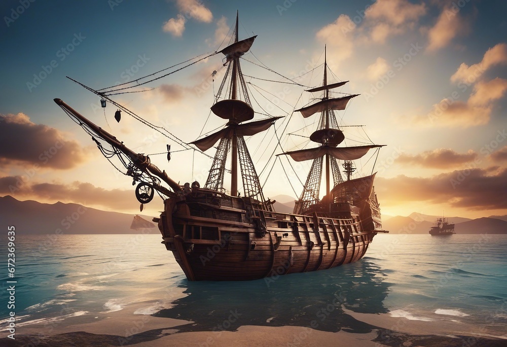 Illustration Landscape with pirate ship