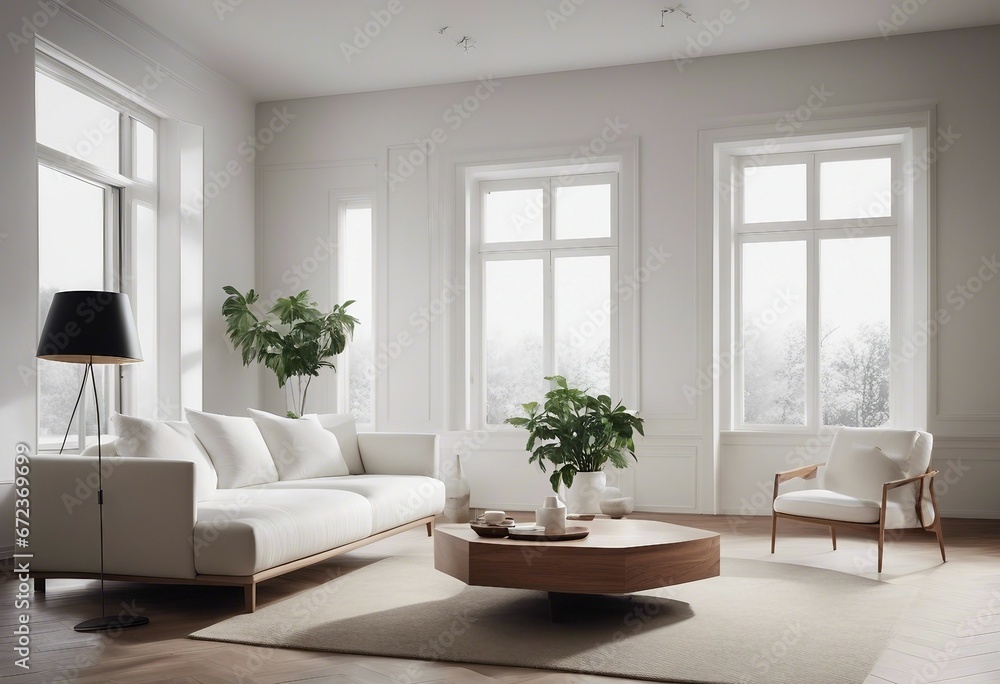 Minimalistic living room with white sofa wooden floor decor on wall window with white landscape Minimalistic living room with white sofa wooden floor decor on wall window with white landscape