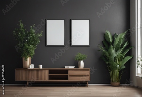 Mockup frame on wood cabinet in living room interior on empty dark wall background © ArtisticLens